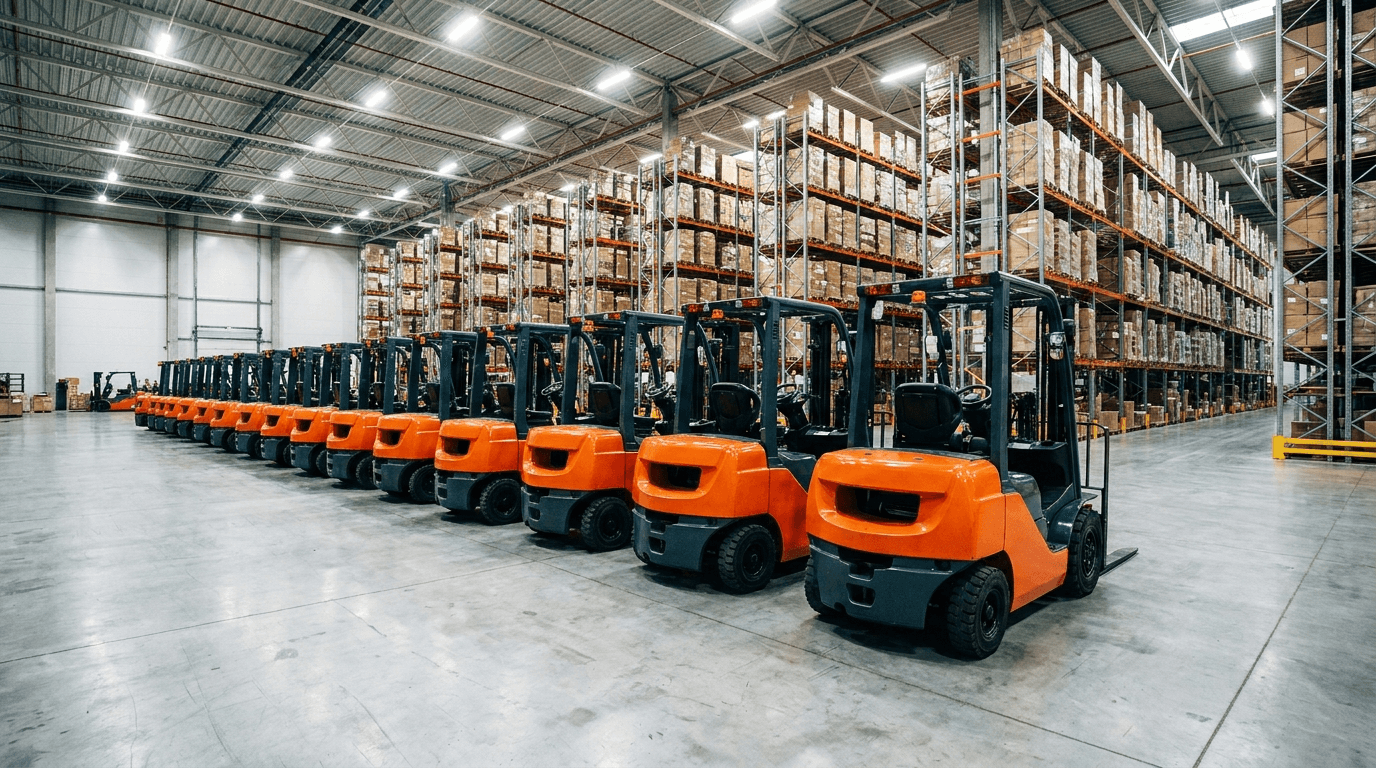 Rows of forklifts staged in a BidWorx warehouse